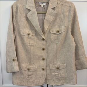 Studio Works Beige Button-Up Linen Blazer 3/4 Sleeve Jacket
